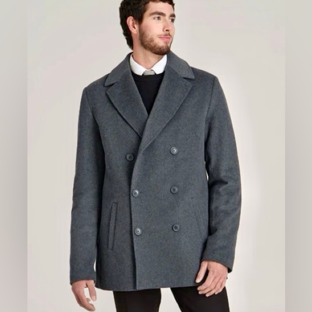 H&M Charcoal Peacoat Double Breasted Wool Blend Sz 46R Corpcore Quiet Luxury